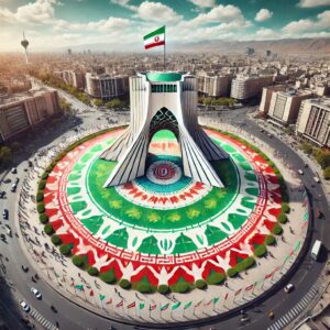 Tehran Azadi Square in green, white, and red colors in a circular shape